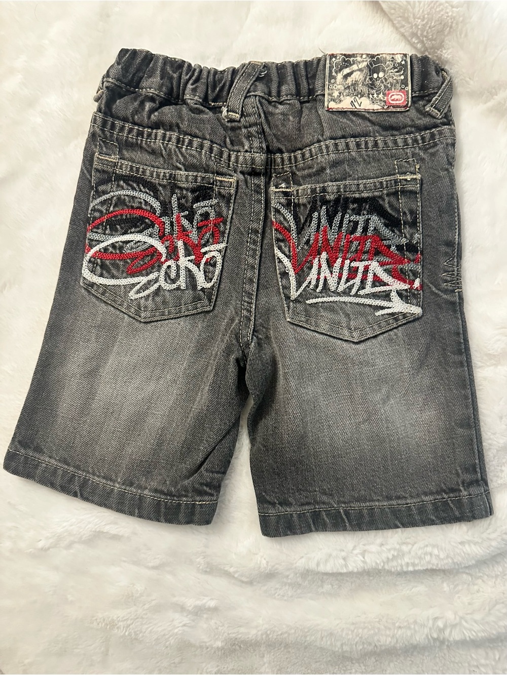 Y2K Ecko Unlimited Black Gray Denim Shorts with Red and White Graffiti